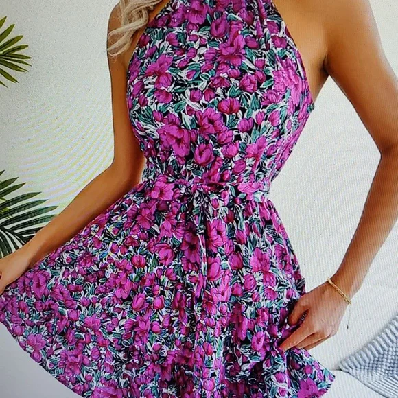 Ditsy Floral Halter Ruffles Above Knee Dress - Picture 1 of 5